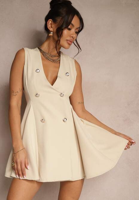 Beżowa Sukienka o Rozkloszowanym Kroju z Guzikami Tallisca