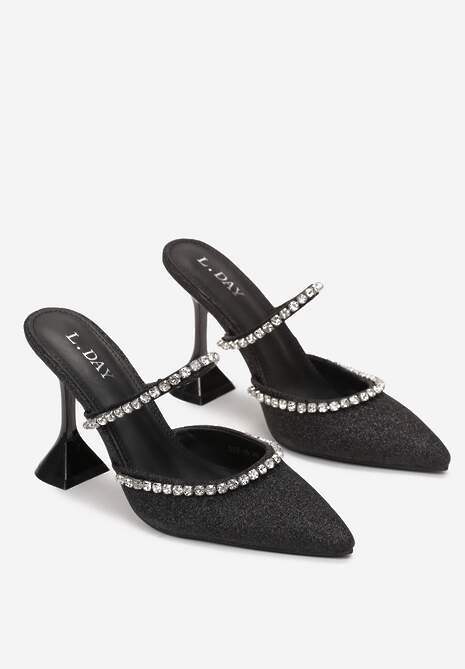 Czarne Brokatowe Klapki na Klepsydrze z Ozdobnymi Paskami z Cyrkoniami Jesssoft