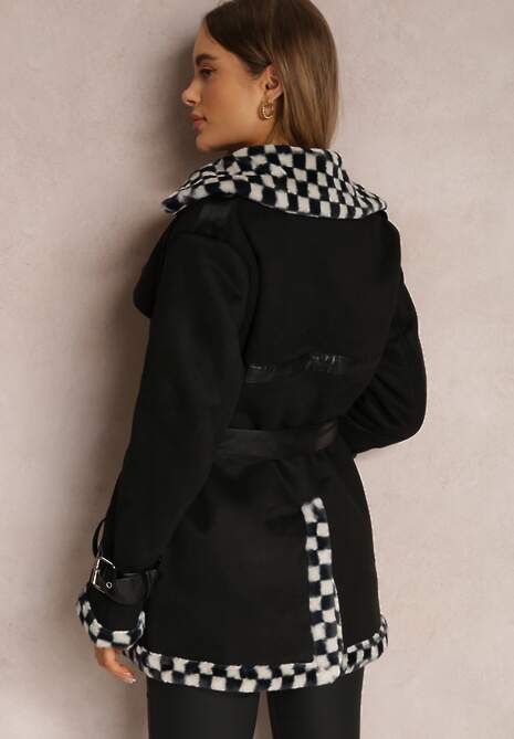 Czarna Kurtka Dwurzędowa z Paskiem Rame