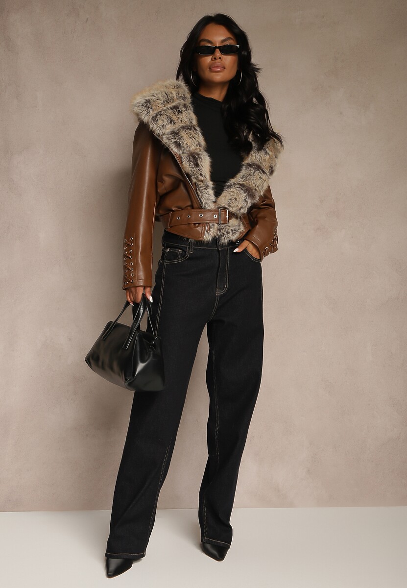 Brązowa Kurtka Ramoneska z Kapturem z Futrem z Możliwością Odpięcia Aplinna