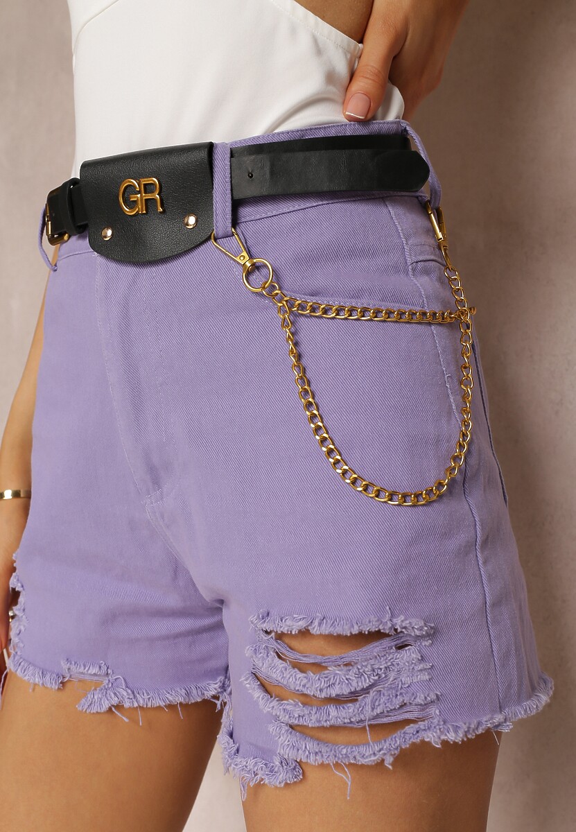 Jasnofioletowe Bawełniane Szorty High Waist z Paskiem z Odpinanym Łańcuszkiem Priseis