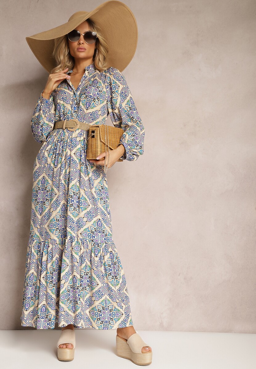 Niebiesko-Beżowa Wiskozowa Sukienka o Rozkloszowanym Kroju z Falbanką i Guzikami Orines