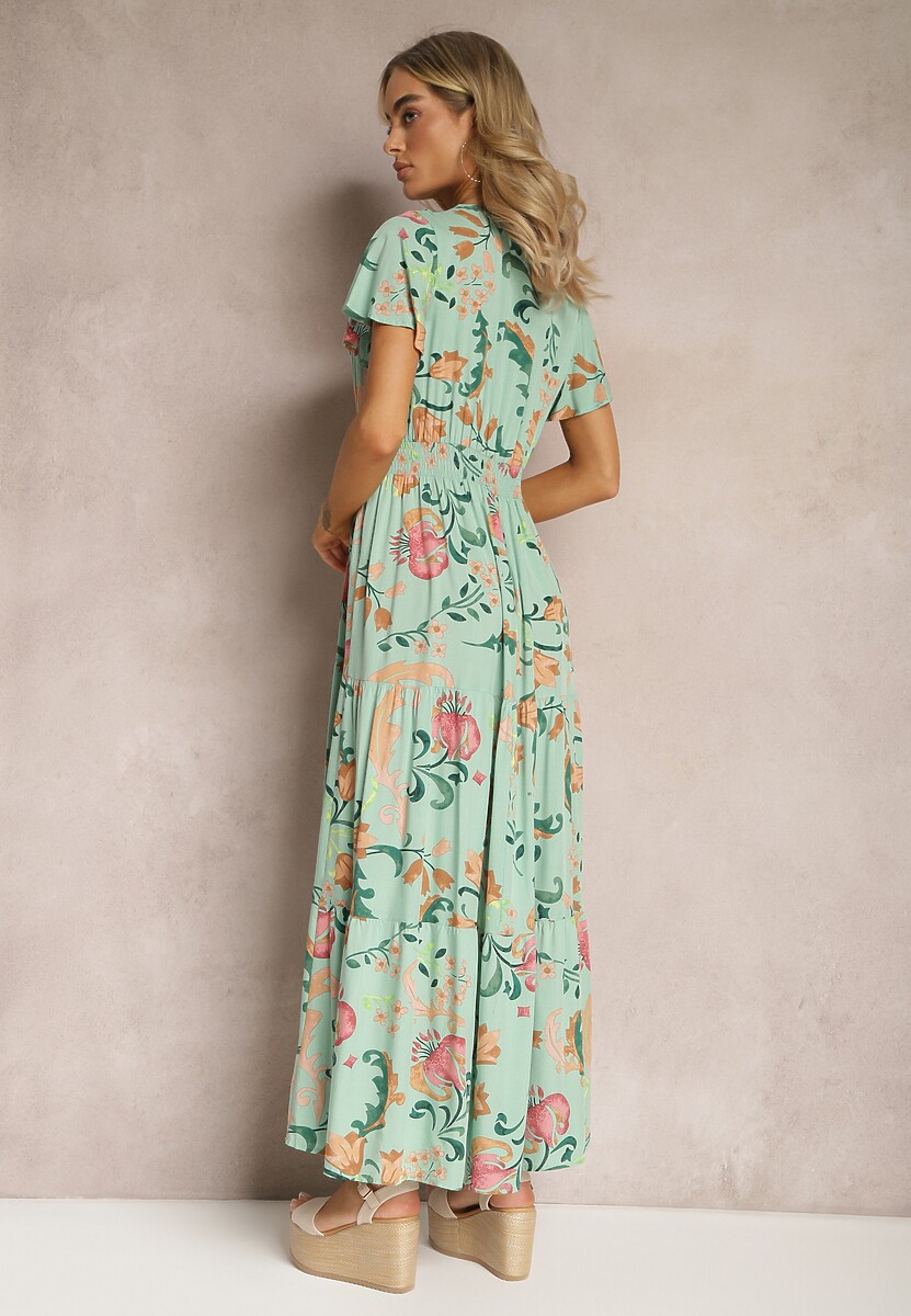 Zielona Kwiatowa Sukienka o Rozkloszowanym Fasonie Maxi z Wiskozy z Falbanką Acatie