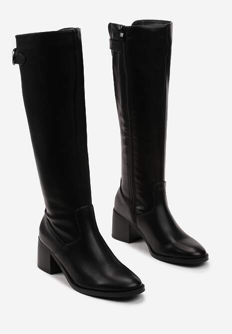 Czarne Kozaki Przed Kolano na Słupku z Ozdobnym Paskiem i Przeszyciami Celinna