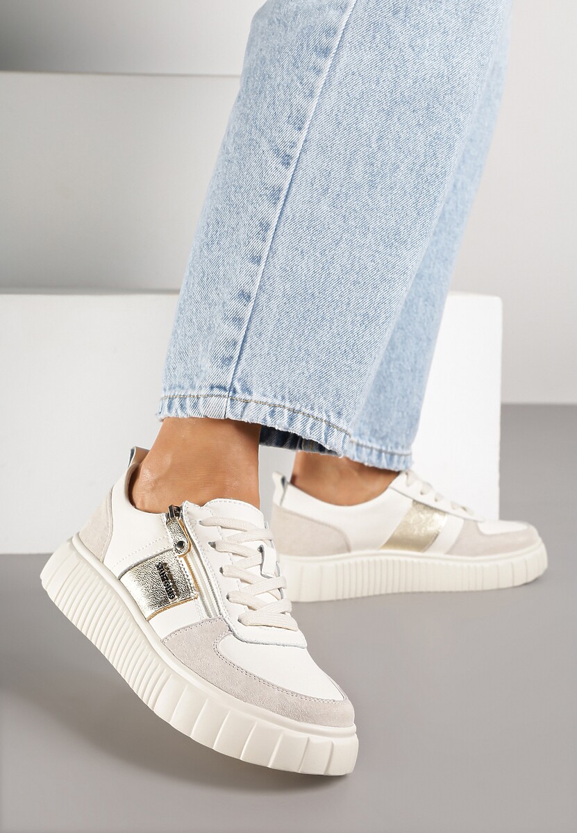 Beżowe Sneakersy ze Skóry Naturalnej z Metalicznym Zdobieniem Zorentee