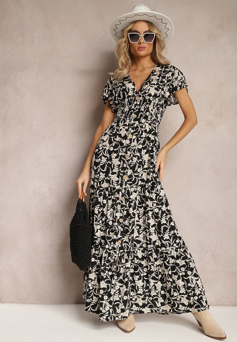 Czarno-Biała Sukienka z Gumką w Pasie w Kwiatowy Wzór z Ozdobnymi Guzikami Ellsa