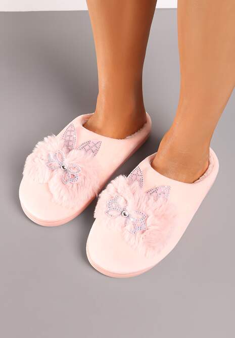 Różowe Kapcie na Płaskiej Podeszwie z Cyrkoniami i Futerkiem Dezilie