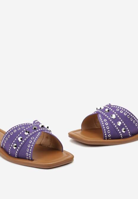 Fioletowe Klapki Płaskie z Noskiem w Kwadrat i Ozdobami Metalowymi Yalenna