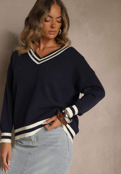 Granatowy Sweter Preppy z Dodatkiem Kaszmiru Lincire