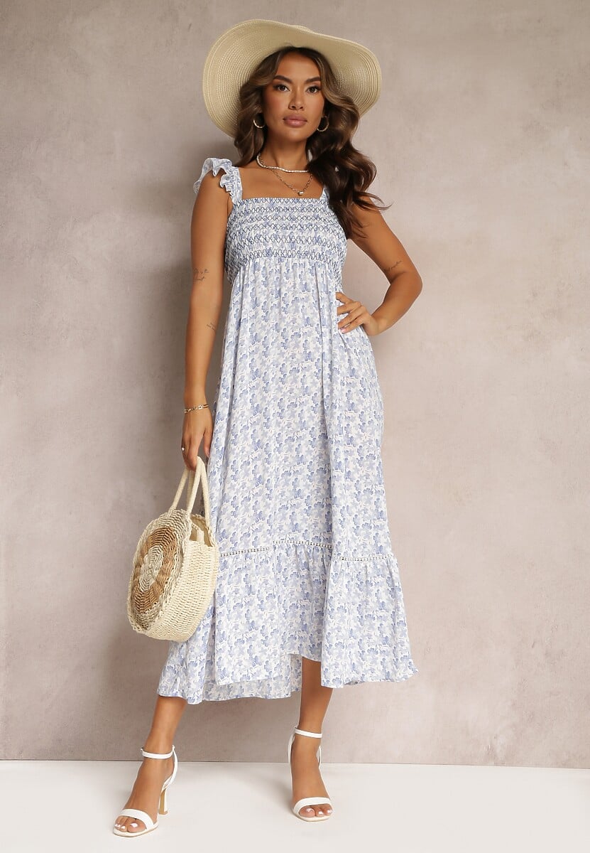 Niebieska Maxi Sukienka Rozkloszowana na Ramiączkach z Falbankami Azah