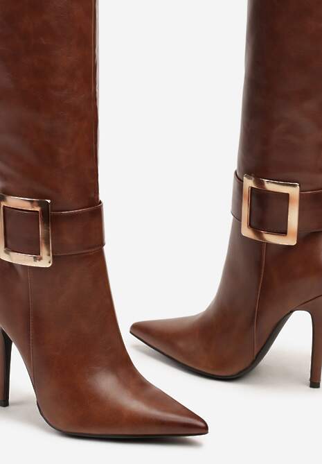 Brązowe Kozaki na Szpilce z Metaliczną Klamrą Evelinna