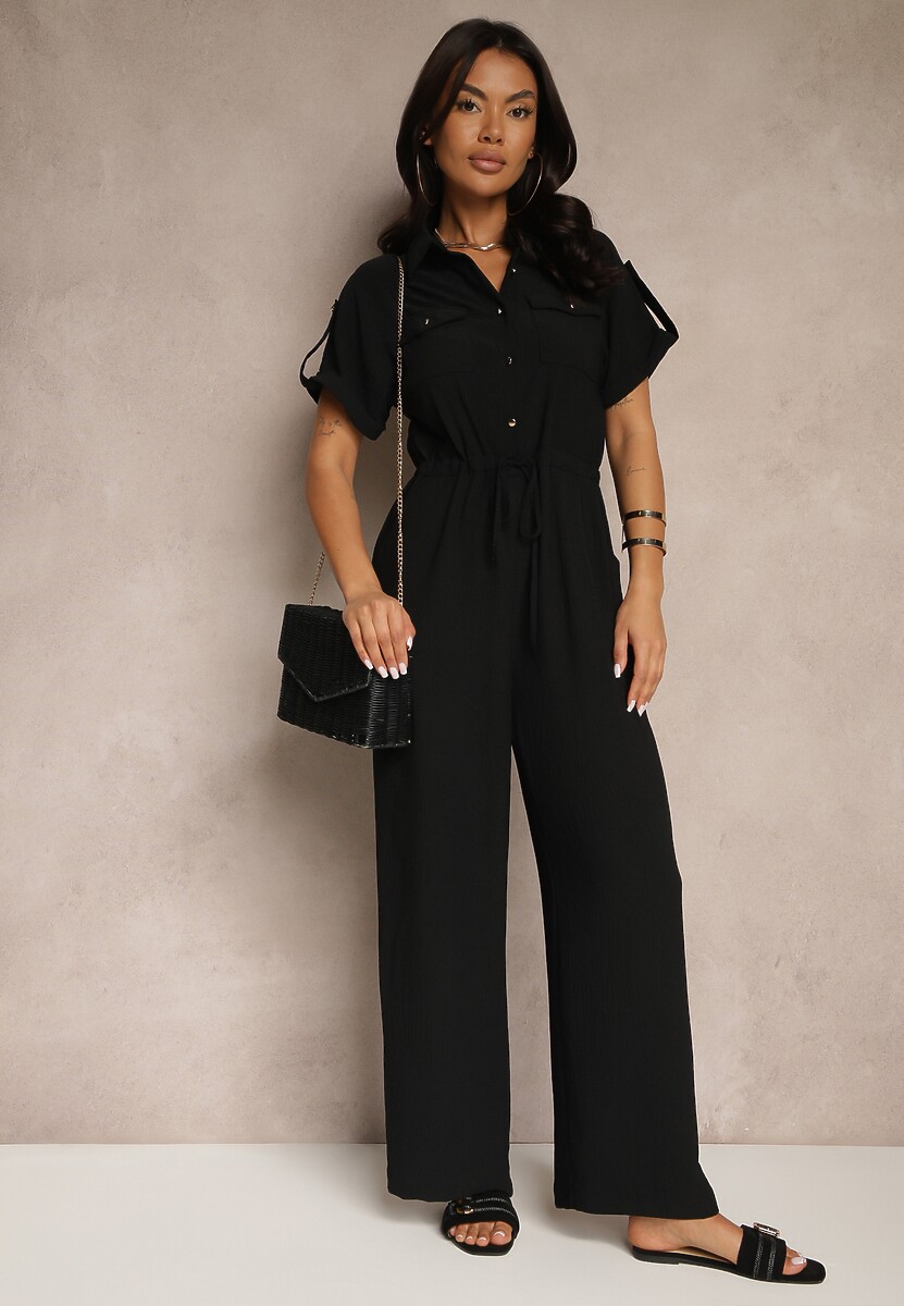 Czarny Koszulowy Kombinezon z Krótkim Rękawem Wiązany w Pasie Maraisla