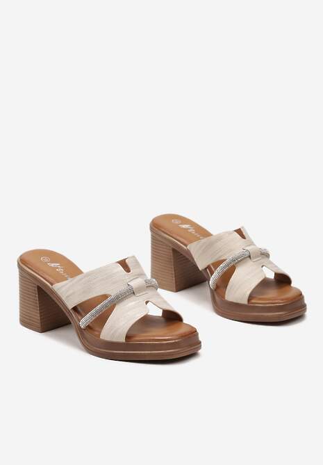 Beżowe Klapki Ozdobione Paskiem z Cyrkoniami na Słupku Robra