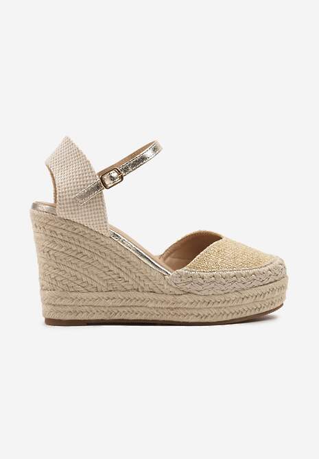 Złote Sandały na Koturnie w Typie Espadryli Ozdobione Plecionką Akiora
