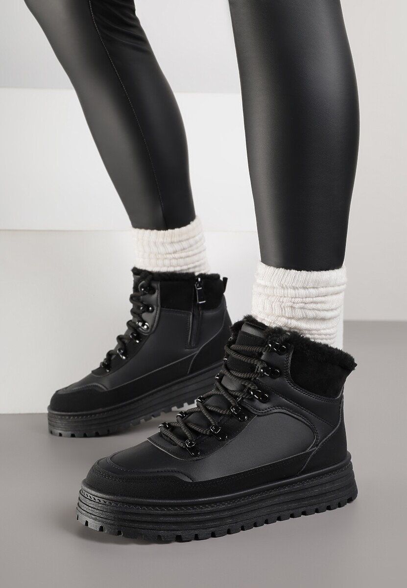 Czarne Sneakersy w Stylu Traperów na Platformie Ewedora