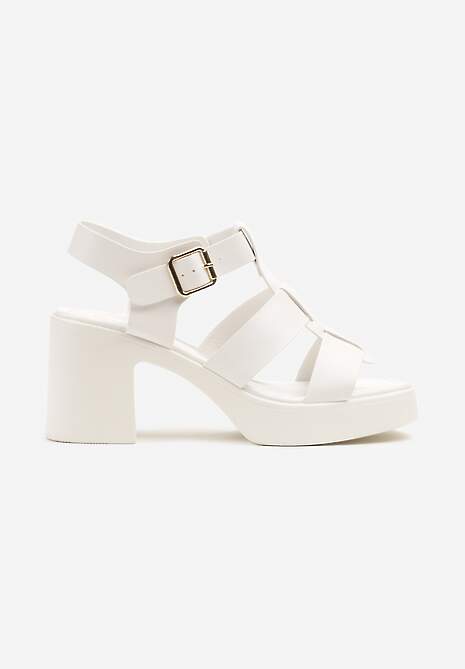 Białe Sandały na Słupku i Platformie Ozdobione Trzema Paskami Talzivia