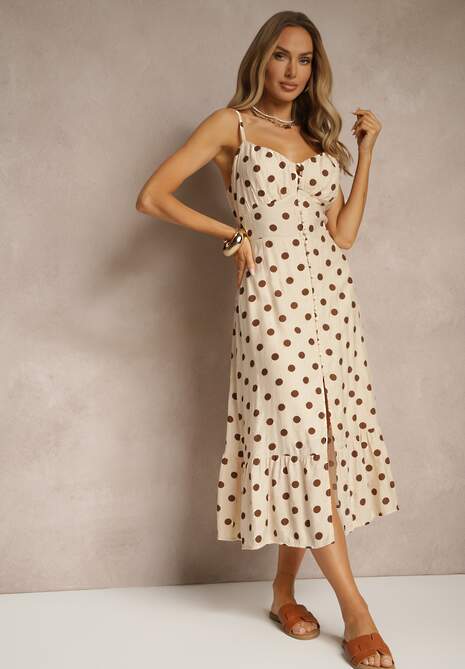 Beżowa Sukienka z Wiskozy w Grochy o Taliowanym Kroju na Ramiączka Lavilsa