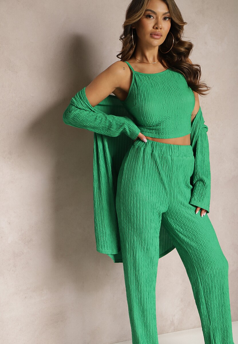 Jasnozielony Komplet z Ozdobnym Prążkowaniem z Koszulą z Topem i Spodniami Raliva