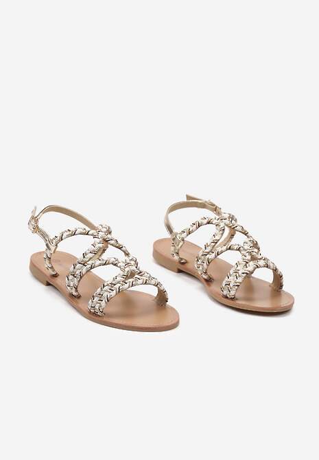 Złote Sandały na Płaskiej Podeszwie Ozdobione Paskami z Plecionki Jaslila