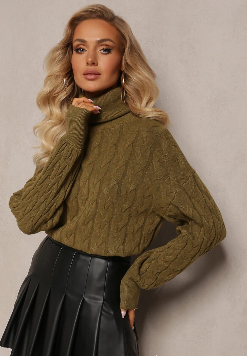 Ciemnozielony Sweterkowy Golf o Warkoczykowym Splocie Taitusi