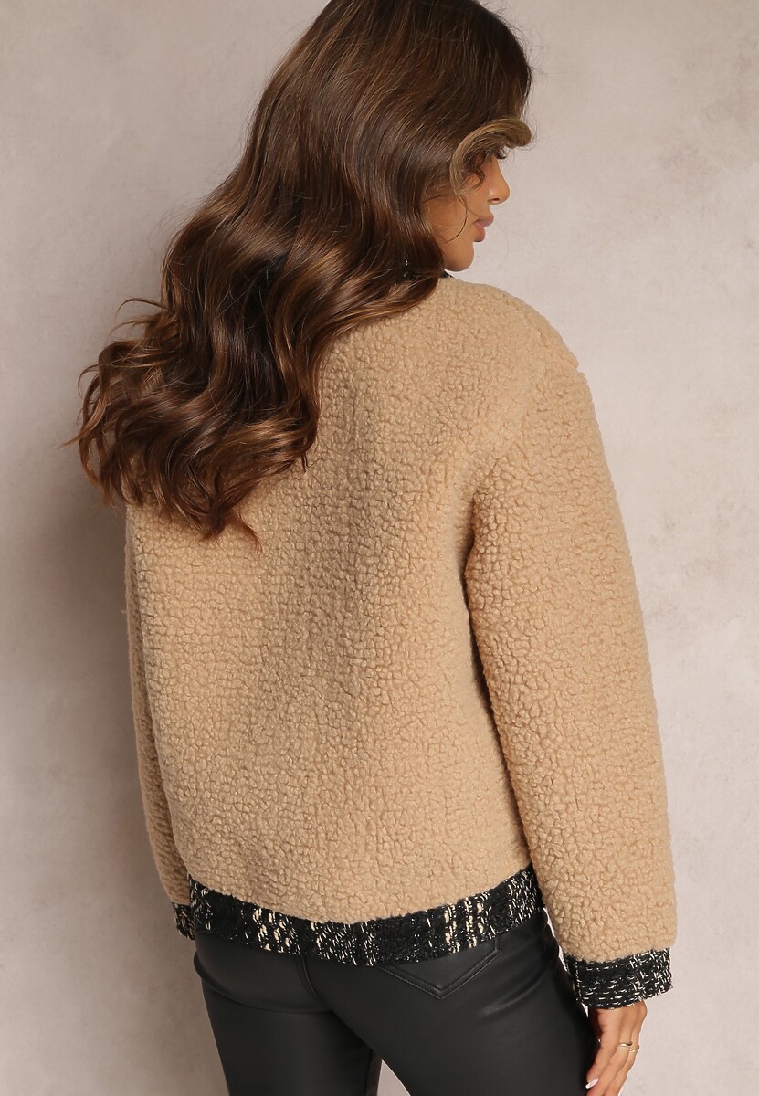 Beżowa Kurtka Oversize z Futerka Baranek Lesova