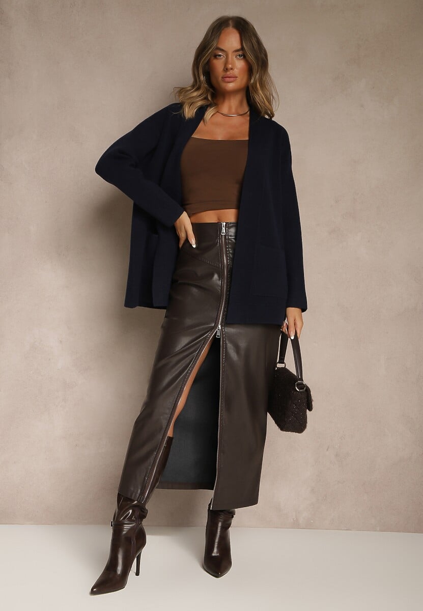 Granatowy Kardigan z Kaszmirem o Prostym Kroju Bez Zapięć z Kieszeniami Zaisa