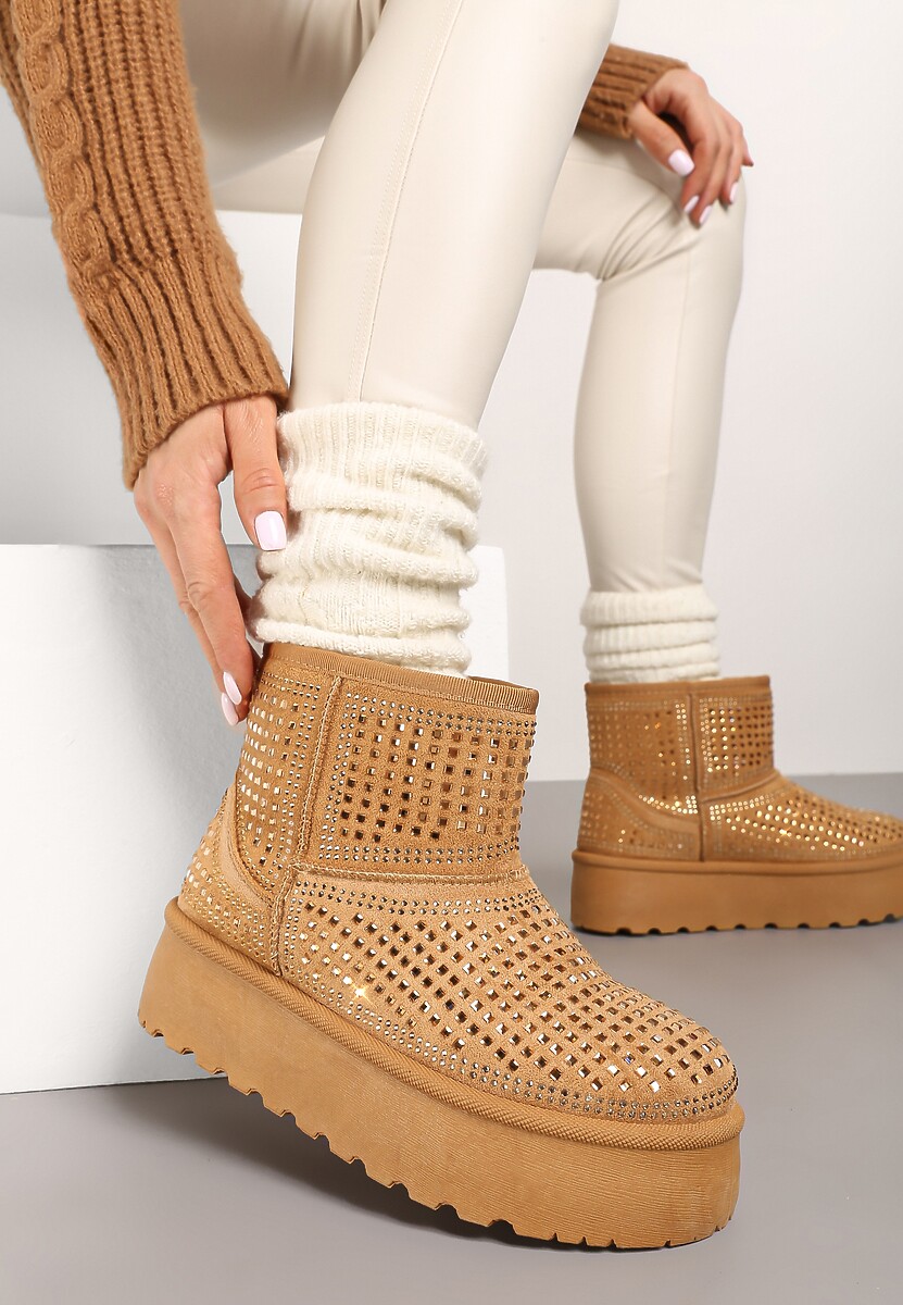 Beżowe Śniegowce na Platformie Ozdobione Cyrkoniami Beriga