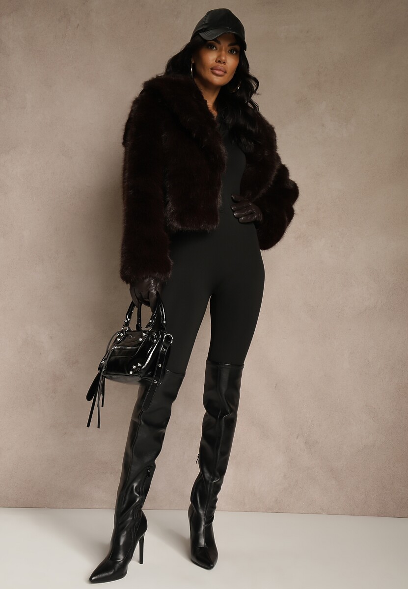 Brązowa Kurtka Futerko Ozdobione Kołnierzem Wedarea