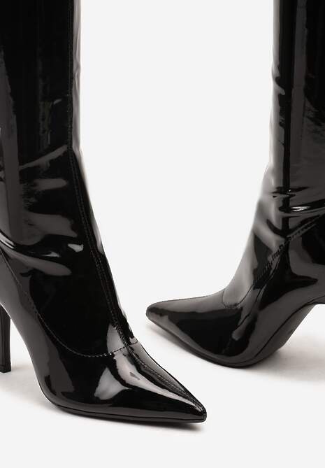 Czarne Kozaki na Obcasie z Przylegającą Cholewką za Kolano z Lakierowanym Połyskiem Nelasena