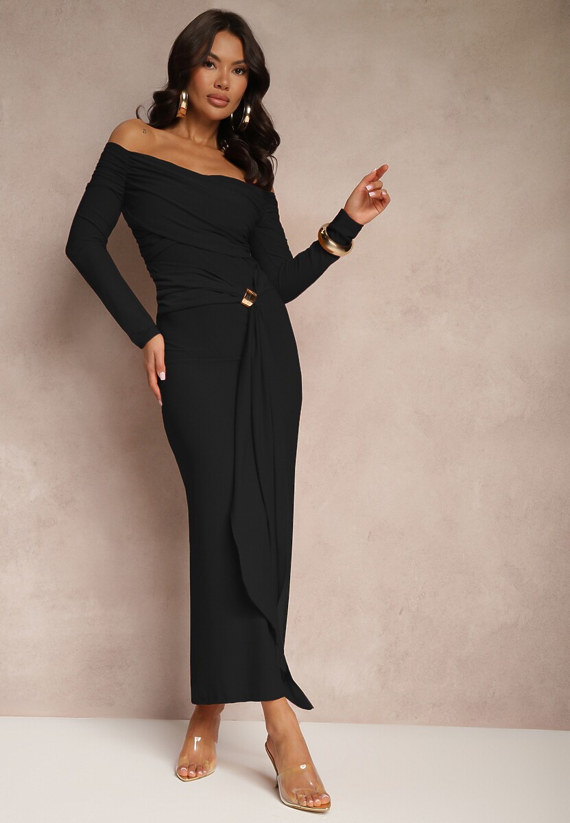 Brązowa Marszczona Sukienka o Dopasowanym Kroju z Trenem i Rozcięciem Aluilea