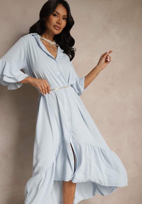 Jasnoniebieska Koszulowa Sukienka Ozdobiona Falbanką Ransara