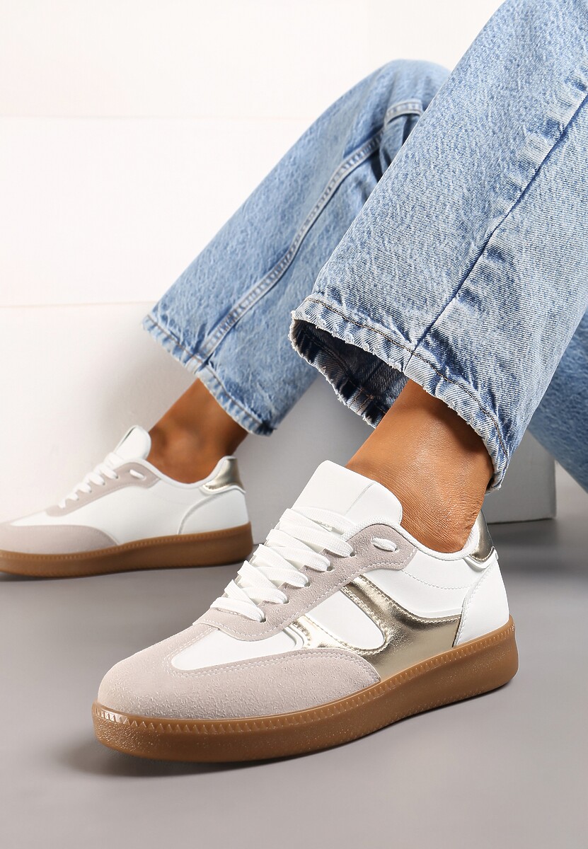 Biało-Złote Sneakersy w Stylu Kultowych Tenisówek z Kauczukową Podeszwą Poseiama