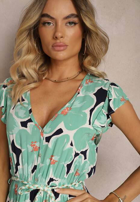 Zielona Kwiecista Sukienka z Wiskozy z Gumką w Talii Wiązana Materiałowym Paskiem Vikennia