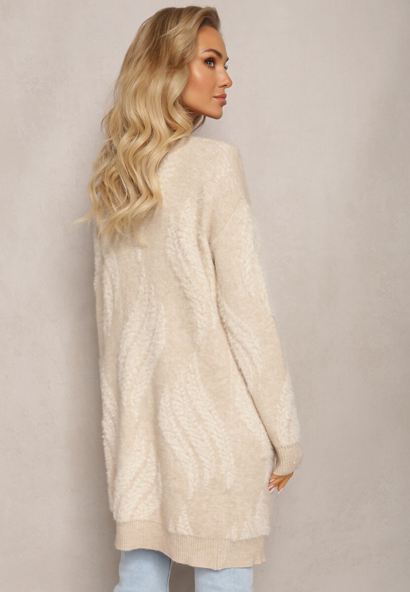 Jasnobeżowy Luźny Kardigan Niezapinany z Dłuższym Włosiem Karsta