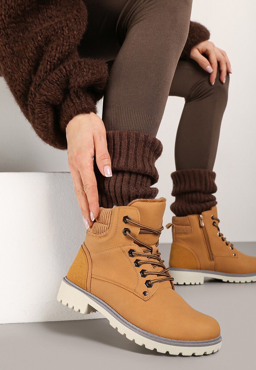 Brązowe Sznurowane Casualowe Traperki na Płaskiej Podeszwie Relobia