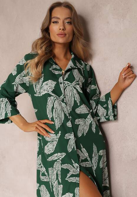 Zielona Sukienka Koszulowa w Kwiaty Siois