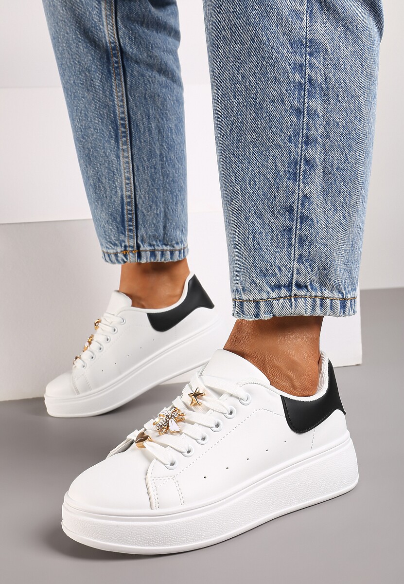 Biało-Czarne Sneakersy na Platformie Wykończone Cyrkoniowymi Aplikacjami Vliorina