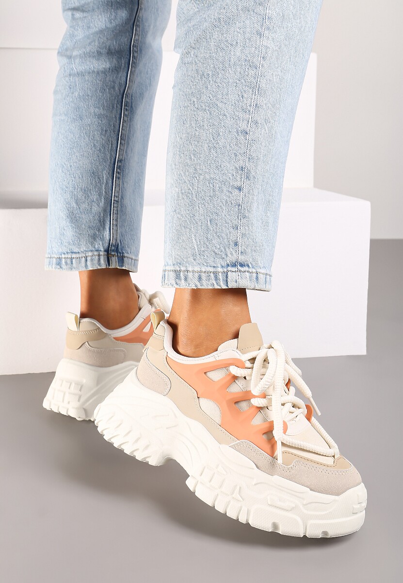 Beżowo-Pomarańczowe Sneakersy na Platformie z Przeszyciami i Grubymi Sznurówkami Nevelinda