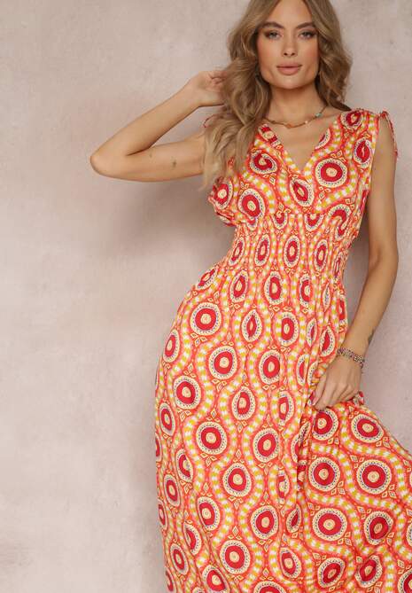 Pomarańczowa Rozkloszowana Sukienka z Wiskozy w Fantazyjny Print Karlene