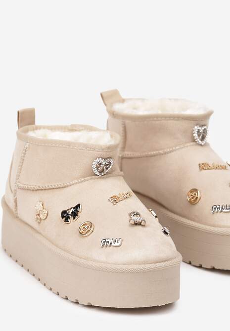 Beżowe Śniegowce na Platformie z Ozdobami 3D Semariah