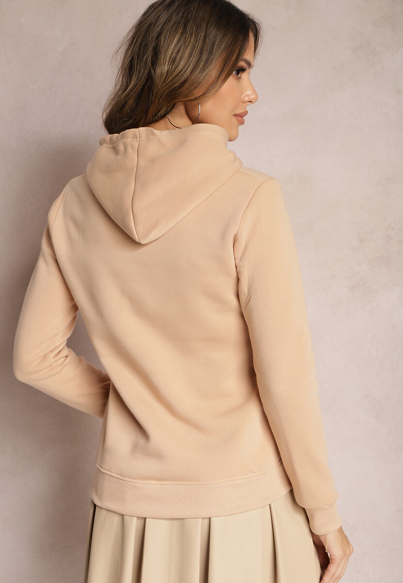 Beżowa Ocieplana Bluza z Ozdobnym Nadrukiem i Kapturem Hitee