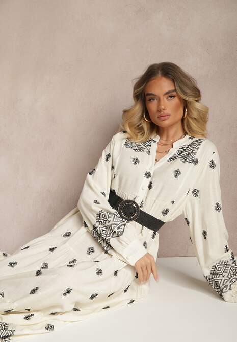 Biało-Czarna Rozkloszowana Sukienka Ozdobiona Haftem i Wzorem Boho Ronavere