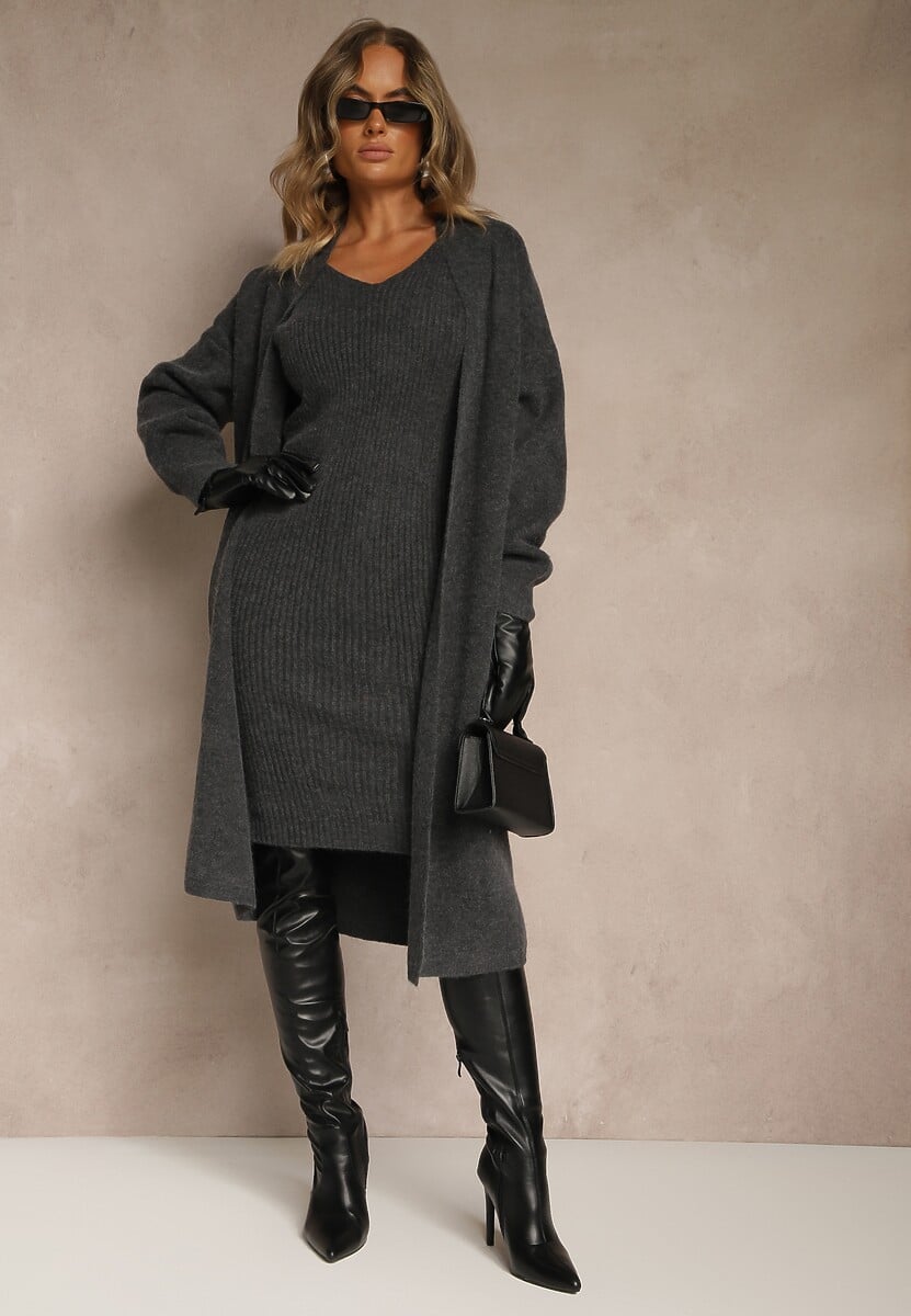 Ciemnoszary Dzianinowy Komplet z Wełną Prążkowana Sukienka i Długi Kardigan Falonessa