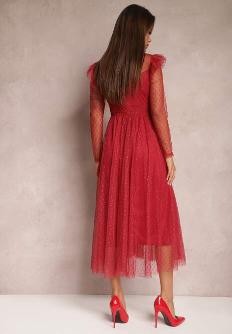 Bordowa Sukienka z Koronką i Tiulem Welvia