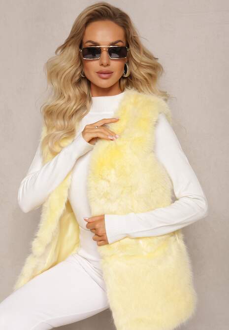 Żółta Puchata Kamizelka z Futerka Ozdobiona Imitacją Skóry Tekllesa