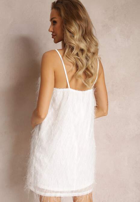 Biała Koktajlowa Sukienka Mini z Cienkimi Piórkami Clotile