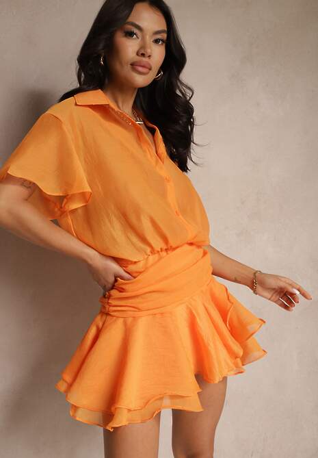 Pomarańczowa Sukienka o Koszulowym Kroju z Krótkim Rękawem Zdobiona Falbankami Mirenora