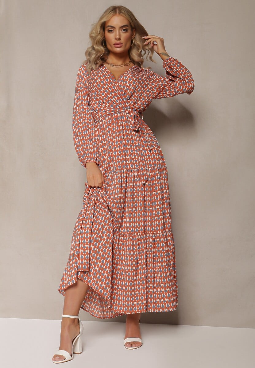 Pomarańczowa Sukienka z Kopertowym Dekoltem i Falbaną na Dole Ive