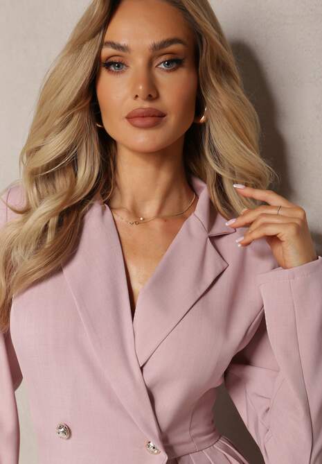 Różowa Mini Sukienka z Plisami i Kopertowym Dekoltem Ozdobiona Guzikami Eiloni