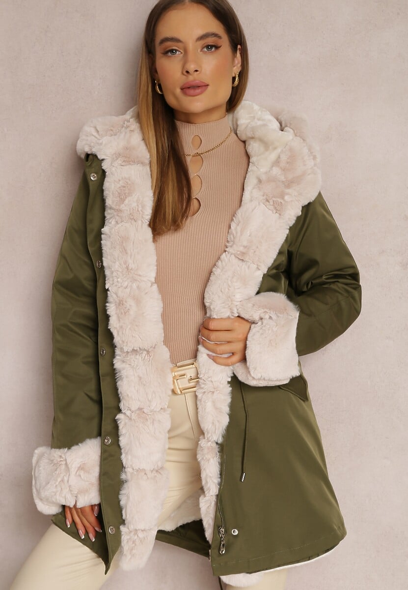 Ciemnozielona Kurtka Parka z Futerkiem Teyo